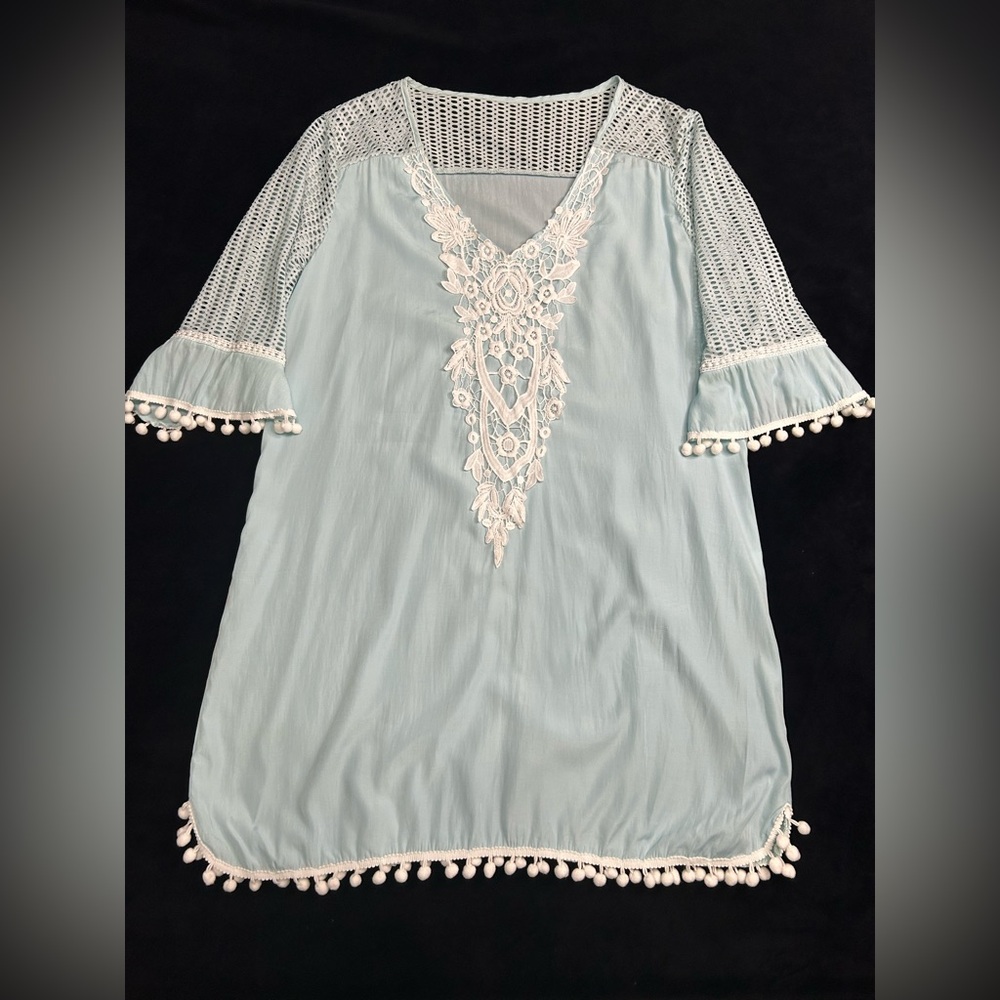 Light Blue Swim Cover-Up with Lace Details and PomPoms